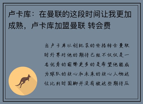 卢卡库：在曼联的这段时间让我更加成熟，卢卡库加盟曼联 转会费