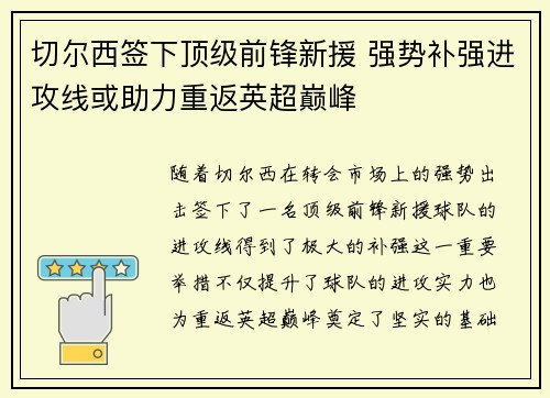 切尔西签下顶级前锋新援 强势补强进攻线或助力重返英超巅峰 切尔西签下顶级前锋新援 强势补强进攻线或助力重返英超巅峰